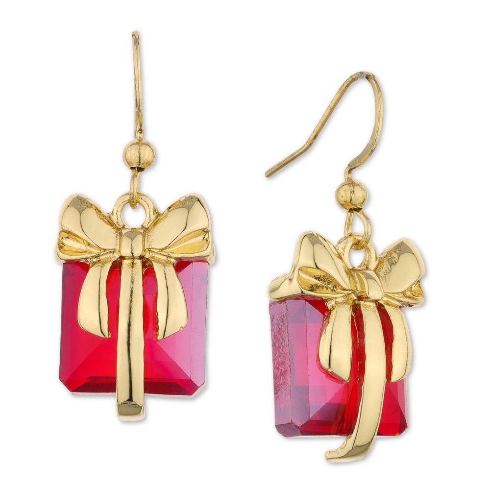 New! Holiday Lane for Macy's Gold-Tone Stone Wrapped Present Drop Earrings